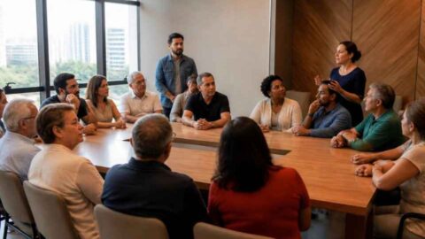 Participantes de condomínio discutem a escolha entre síndico morador e profissional