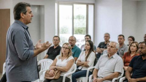 Pessoa discursa em assembleia de condomínio enquanto moradores acompanham