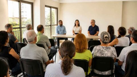 Assembleia de condomínio iluminada por luz natural, com três candidatos a síndico apresentando-se aos moradores.