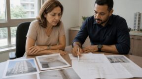 Síndica e profissional analisam planta e fotografias de problemas em um edifício.