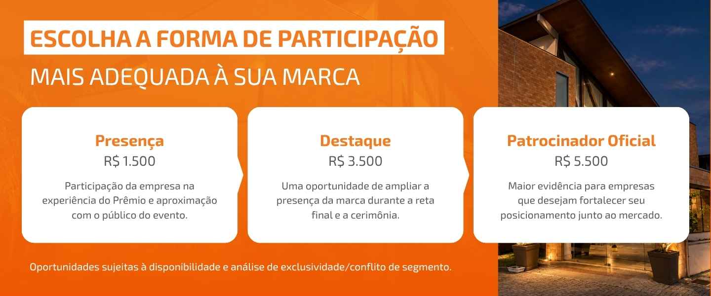 Modalidades de patrocínio do Prêmio Síndicos Planning 2026: Presença R$ 1.500, Destaque R$ 3.500 e Patrocinador Oficial R$ 5.500