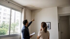 Moradora e técnico observam infiltração no teto de apartamento.