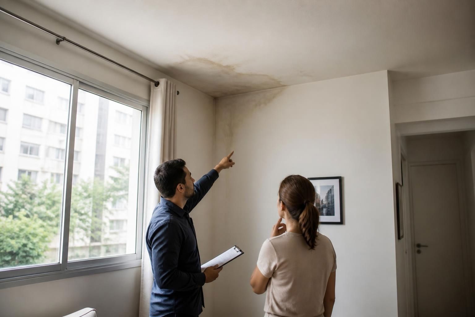Moradora e técnico observam infiltração no teto de apartamento.